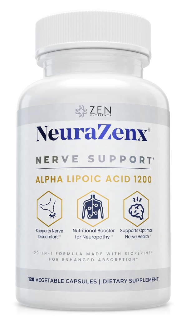 Zen Nutrients NeuraZenX Nerve Support & Perifer neuropati Support Supplement med 1200mg Alpha Lipoic Acid (ALA), Benfotiamin, L- Carnitin, og gurkemeje