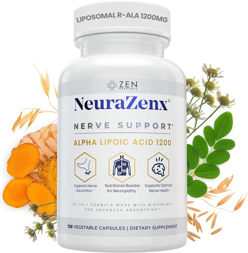 Zen Nutrients NeuraZenX Nerve Support & Perifer neuropati Support Supplement med 1200mg Alpha Lipoic Acid (ALA), Benfotiamin, L- Carnitin, og gurkemeje