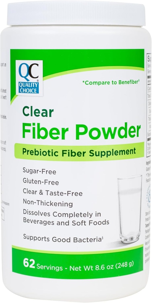 Quality Choice Clear Prebiotic Fiber Supplement Powder for Digestive Health - Tasteless, Non-Thickening Formula - 62 Servings, 8.6 Ounces (248g), Ideal for Adults & Children 6 & Up Daily Fiber Powder