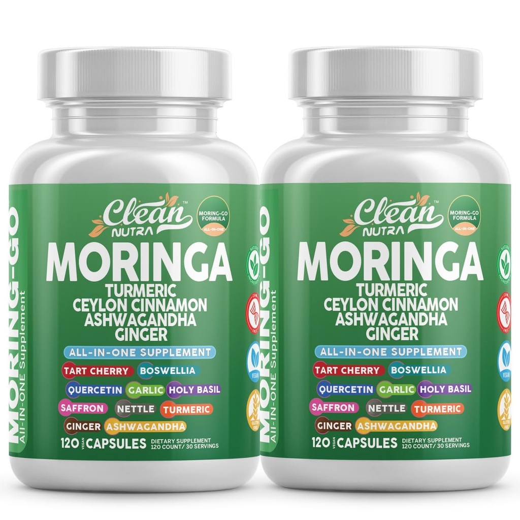 Moringa Powder Capsules + gurkemeje Moringa Leaf Ceylon Cinnamon Ashwagandha Ginger Tart Cherry Boswellia Quercetin Hvidløg Holy Basil Saffron Nettle Black Pepper Moring- Go supplement by Clean Nutra (2)