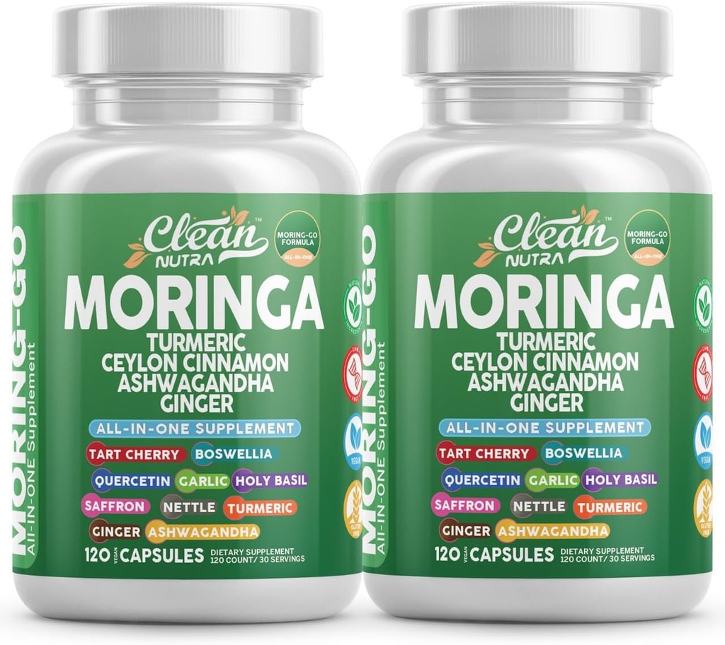 Moringa Powder Capsules + gurkemeje Moringa Leaf Ceylon Cinnamon Ashwagandha Ginger Tart Cherry Boswellia Quercetin Hvidløg Holy Basil Saffron Nettle Black Pepper Moring- Go supplement by Clean Nutra (2)