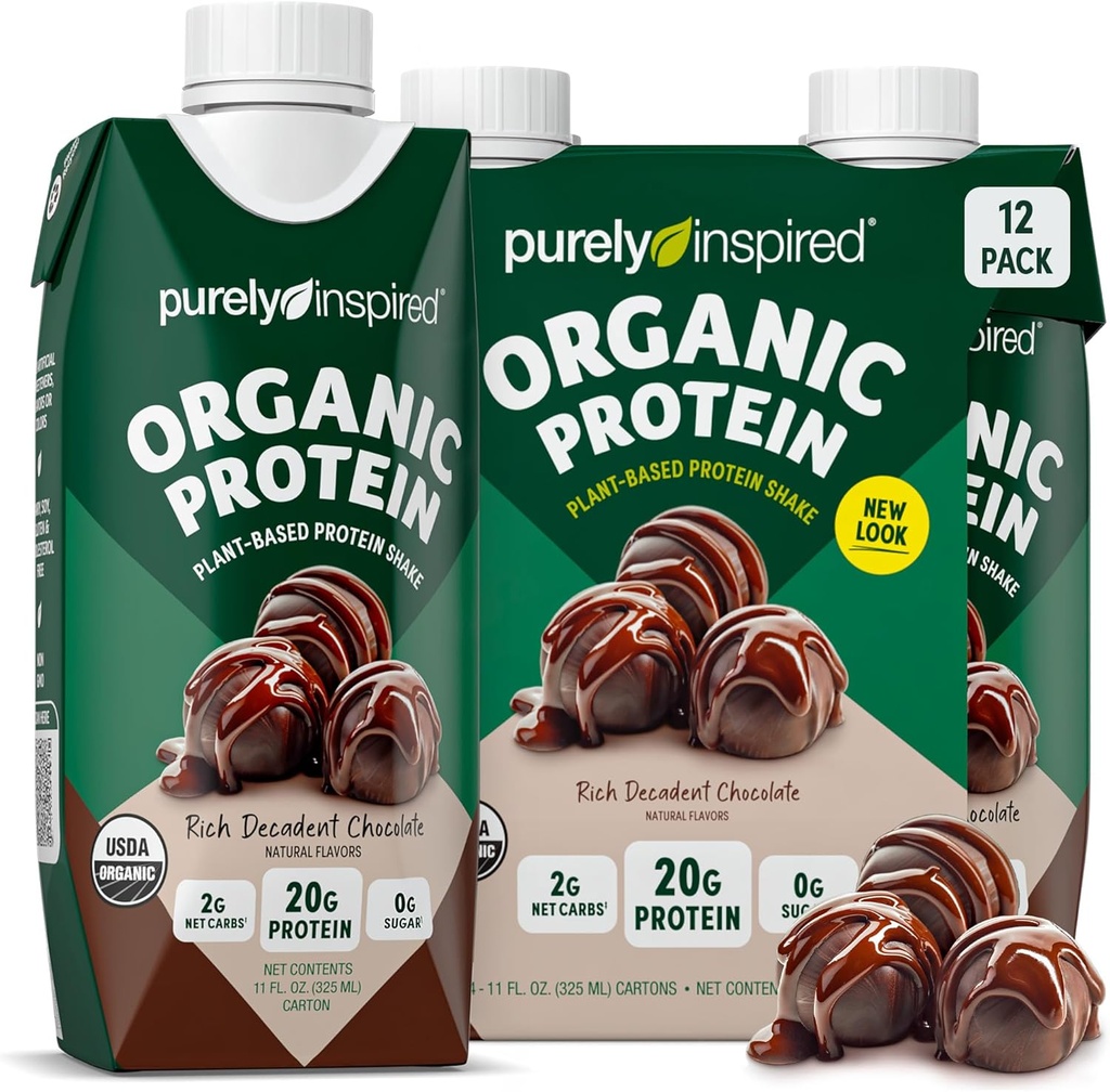 Rent Inspireret Klar til at drikke Økologisk Protein Shake, Dekadent Chokolade (12 Pack) - Plant-baserede RTD Nutritional Protein Drinks - Zero- Sugar & Gluten- Free Meal Erstatning Drink Flydende Protein