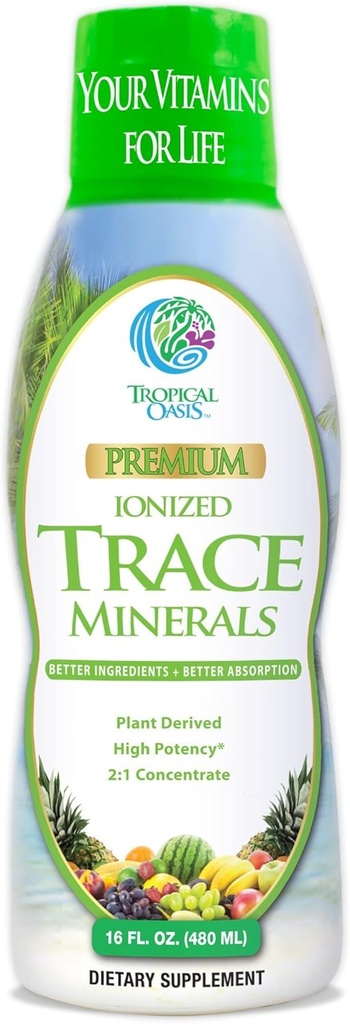 Tropical Oasis - Premium Ionized Plant Based Trace Minerals Flydende Formul- 74 essentielle mineraler i flydende form til op til 96% Absorption - 16 oz, 32 portioner