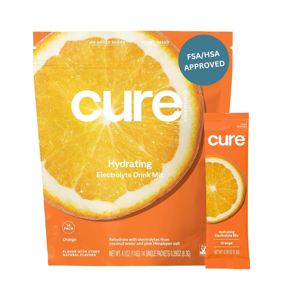 Cure Hydrating Electrolyte Mix 124; pulver til dehydrering Relief • 124; FSA & HSA Egnede • 124; Lavet med kokos Vand • 124; Ingen tilsat sukker • 124; Vegan • 124; Paleo Venlig • 124; Pouch af 14 Pakker - Orange