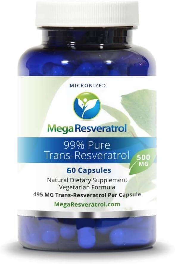 Mega Resveratrol, Pharmaceutical Grade, 99% Pure, Isolate, Mikroniseret Trans- Resveratrol, 60 Veggie Caps, 500 mg per kapsel. Renhed certificeret. Absolut ingen giftige "inaktive" Ingredienser Tilføjet.
