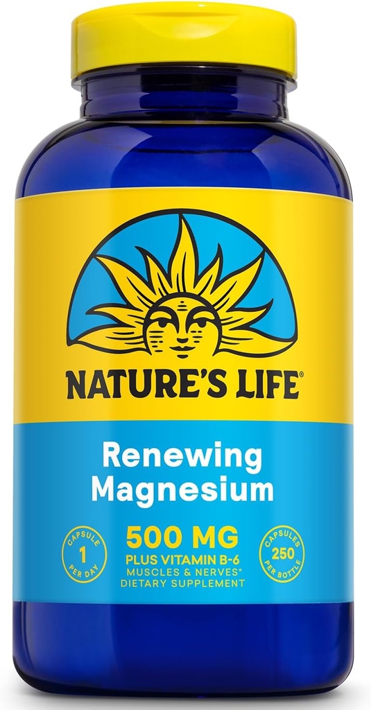 Natures Life Renewing Magnesium 500 mg - Citrate, Malat, Oxide Plus vitamin B- 6 - Muscles and Nerves Support - Lab Verified (250 Servere, 250 VegCaps)