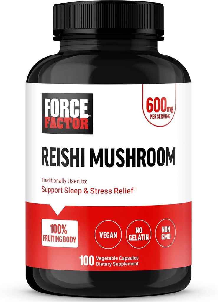 FORCE FACTOR Reishi Mushroom supplement, Stress Relief supplement og søvn Support Lavet med Reishi Mushroom ekstrakt, Vegan, No Gelatine, Non- GMO, 100 Vegetabilske kapsler
