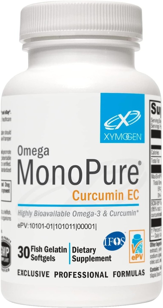 XYMOGEN Omega Monopure Curcumin EC - Fish Oil med forbedret DHA EPA Absorption + gurkemeje Extract - Omega-3 Supplement til Cytokine Balance Support (30 Softgels)