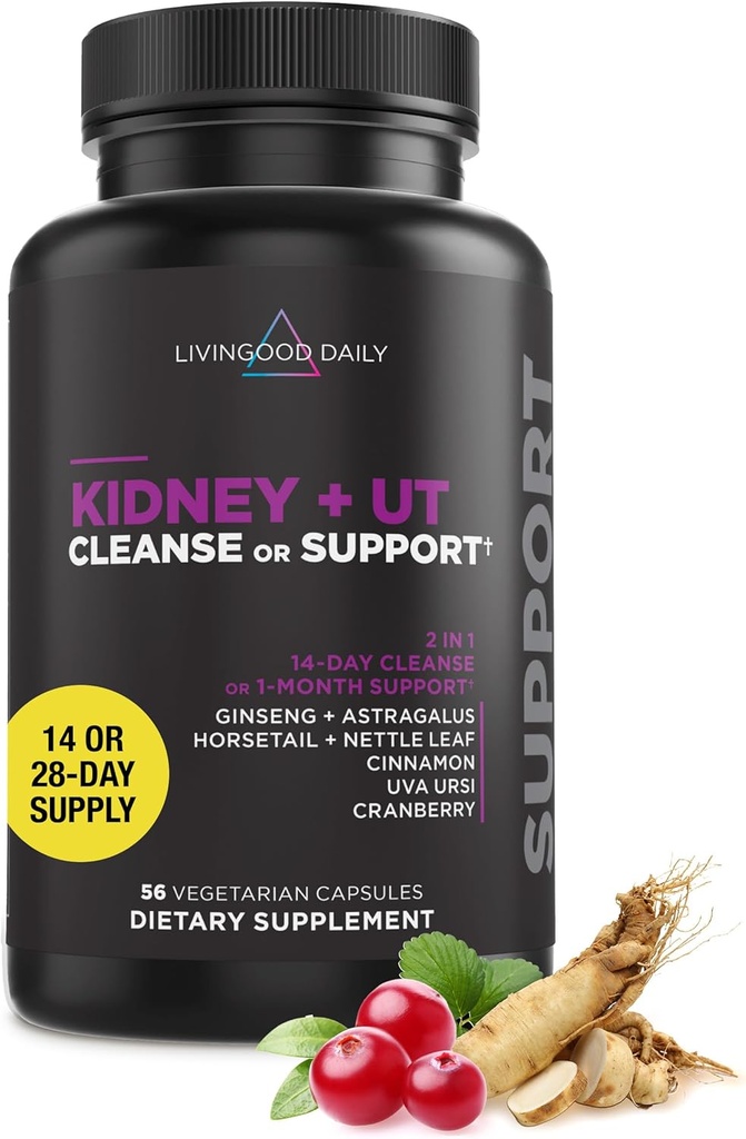 Livingood Daily Nyre Cleanse & Urinary Tract Support for Kvinder & Mænd, 14- Day Detox eller 28- Day Wellness Routine med Cranberry, Nettle Leaf, Astragalus & Kanel, Gluten Free, 56 Kapsler