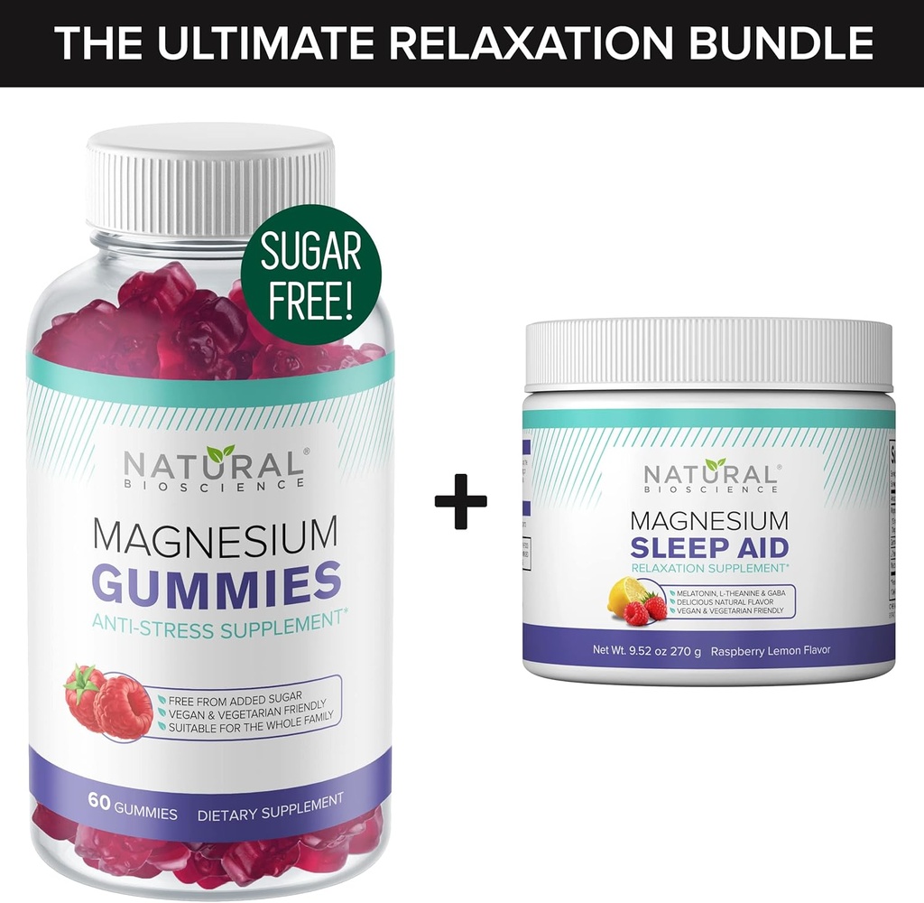 Sugar- Free Magnesium Gummies (60 Gummies) og Magnesium Night Time Powder med Magnesium Citrate, Melatonin, L- Theanin og GABA - Vegan, Gelatin- Free, Gluten- Free, Non- GMO