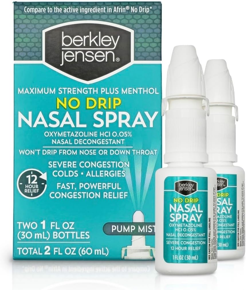 berkley jensen No Drip Svær Congestion Nasal Spray - Maksimal styrke dekongestant med Oxymetazoline HCl & Menthol - Pump Mist Applicator, Ingen Steroid, 12 timers Relief, 1 Fluid Ounce (pakke med 2)