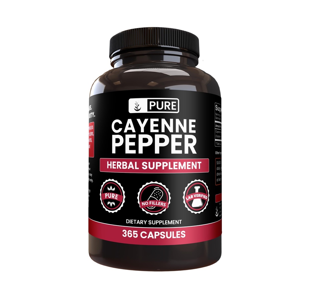 PURE ORIGINAL INGREDIENSER Cayenne Pepper (365 kapsler) Ingen Magnesium eller ris Fillers, Pure, Lab Verified