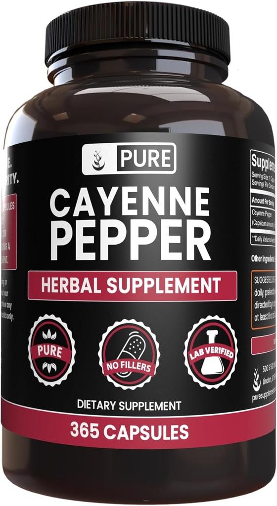 PURE ORIGINAL INGREDIENSER Cayenne Pepper (365 kapsler) Ingen Magnesium eller ris Fillers, Pure, Lab Verified