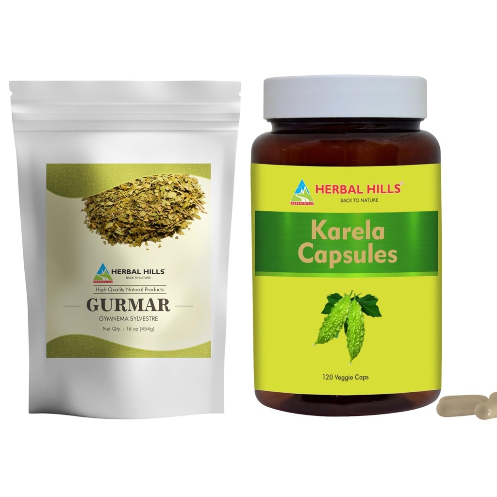HERBAL HILLS Gurmar Tea Powder og Karela kapsler Pakning med 2 Combo