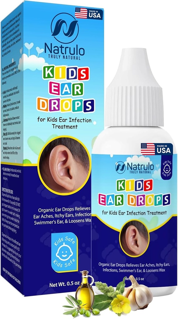 Natrulo Natural Ear Drops for Kids Ear Infektion Treatment - Organic Children Ear Oil Drops Relieves Ear Aches, Itchy Ears, Infektioner, Svømmer øre, & Loosens Wax - Kids Safe, Made in USA
