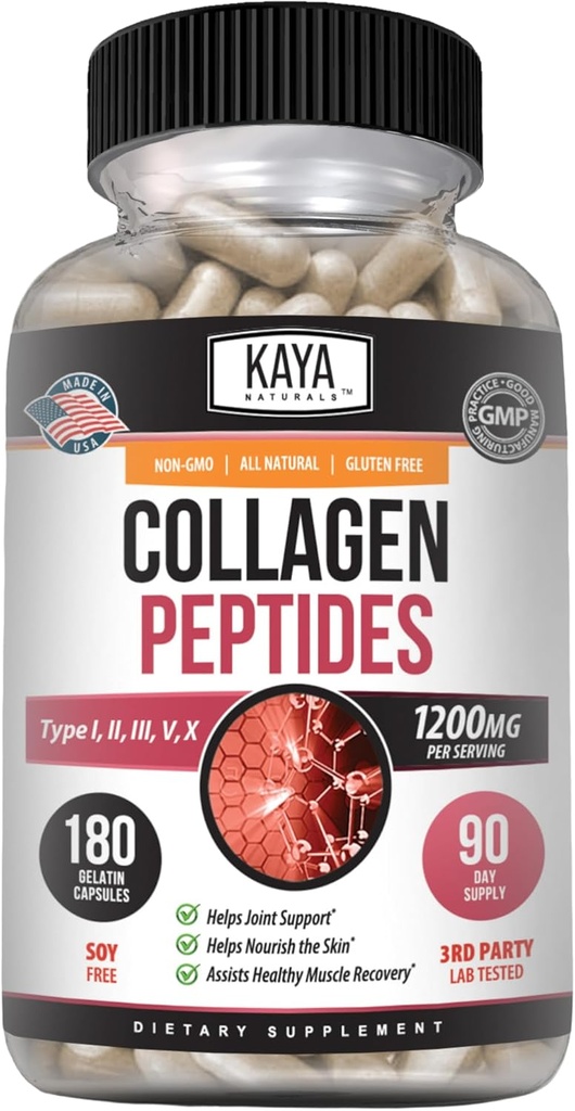 Kaya Naturals Multi Collagen Peptider Complex pulver til kvinder og mænd, type I, II, III, V & X; 180 Greve kapsler