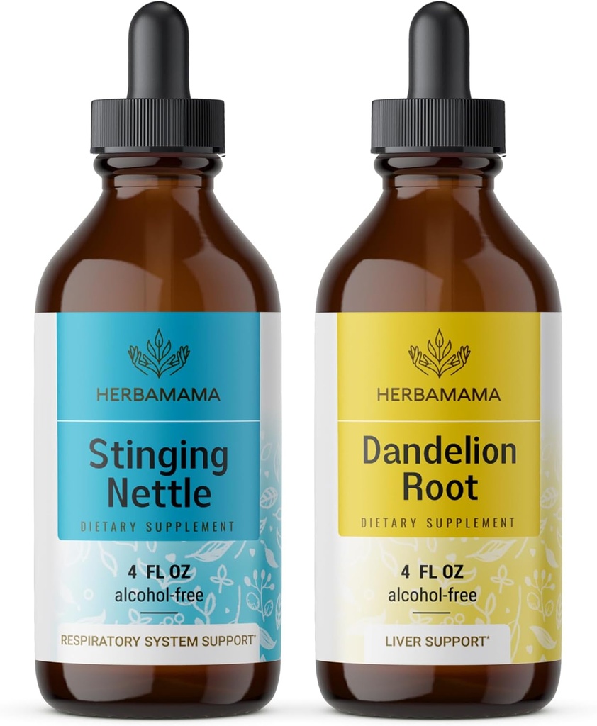 HERBAMAMA Herbal Liquid Drops Kit - Bundle of Stinging Nettle & Dandelion Root Tincture 4 fl oz - Vegan, Non- GMO, Sugar & Alcohol- Free - 2 Pack