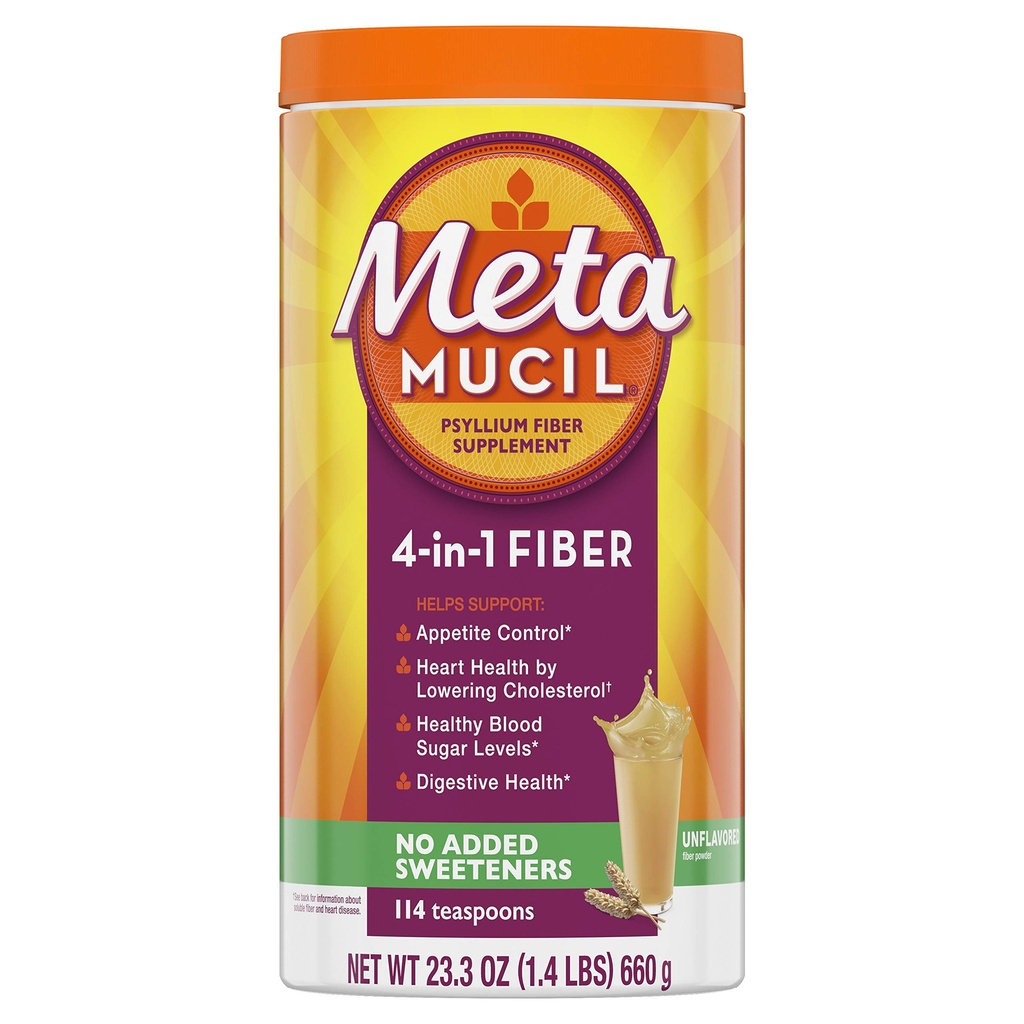 Metamucil Fiber, 4-in-1 Psyllium Fiber Supplement, Sukker Free Powder, Unflavored Drink, 114 Servering (Packaging May Vary)