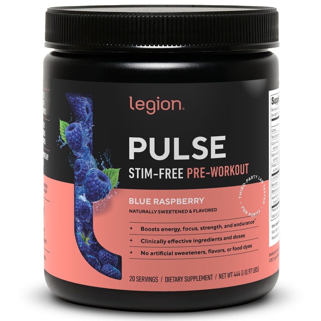 LEGION Pulse Pre Workout Supplement - Alle naturlige nitrogenoxid Preworkout Drink til Boost Energy, Creatin Free, naturligt sødet, Beta Alanine, Citrullin, Alpha GPC (koffein Free Blue Razz)