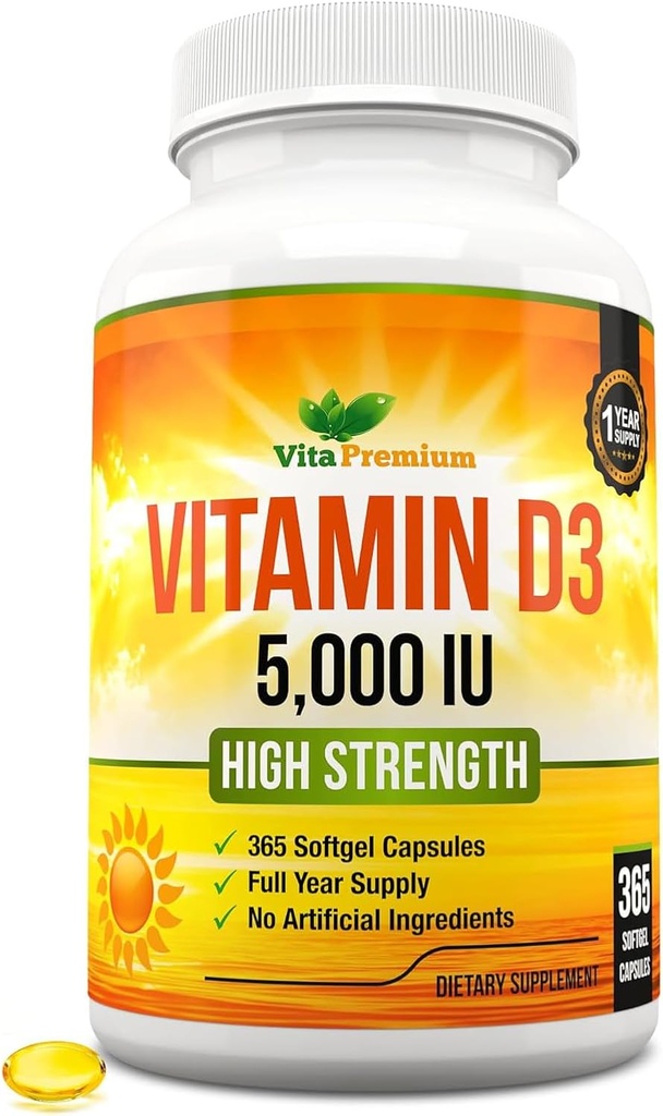 D3 5000 IE, 365 Easy- Swallow Softgels, High Strength Vitamin D 5000 IE tillæg - Full Year Supply