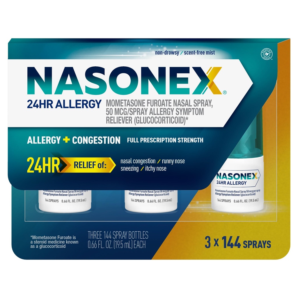 Nasonex 24HR Allergi Nasal Spray, Non- Drowsy, Scent- Free Mist, Allergi Symptomer + Nasal Congestion, Fuld reception Styrke, 120 sprays (3 Pack)