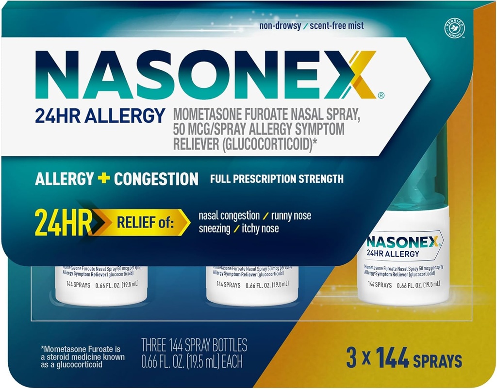 Nasonex 24HR Allergi Nasal Spray, Non- Drowsy, Scent- Free Mist, Allergi Symptomer + Nasal Congestion, Fuld reception Styrke, 120 sprays (3 Pack)