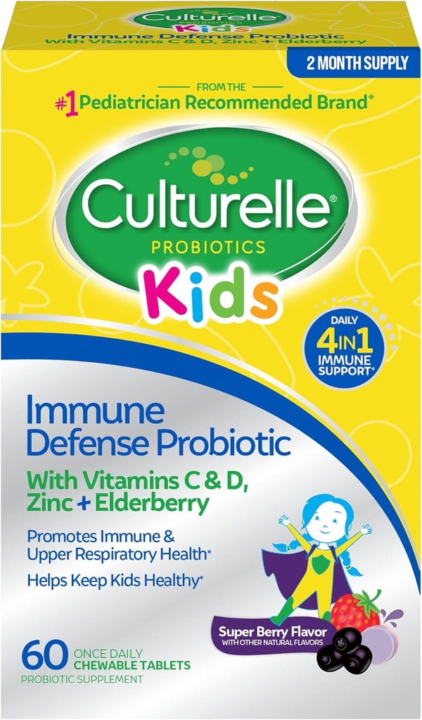 Kulturelle immunforsvar Probiotisk med C-vitamin, D-vitamin og Zink + Elderberry, non-GMO, 4-in-1 immunstøtte til børn i alderen 3 + *, blandet berry tyggebånd, 60 Greve