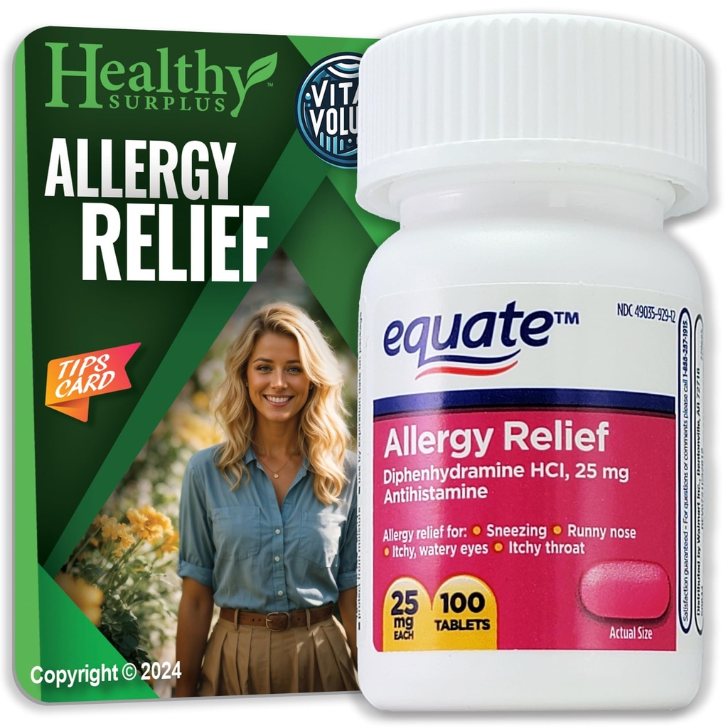 Sund Surplus ® Vital Volumes Tips Card & Equate Allergy Relief Diphenhydramin HCL, 25 mg 100 tabletter Bundle