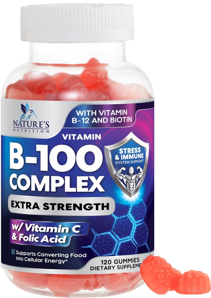 B Kompleks supplement Gummier med C-vitamin & folinsyre, ekstra styrke Super-vitamin B Gummy med Niacin, B6, folsyre, B12, biotin, Nature 's Energy Immunation Support Kosttilskud - 120 Gummies