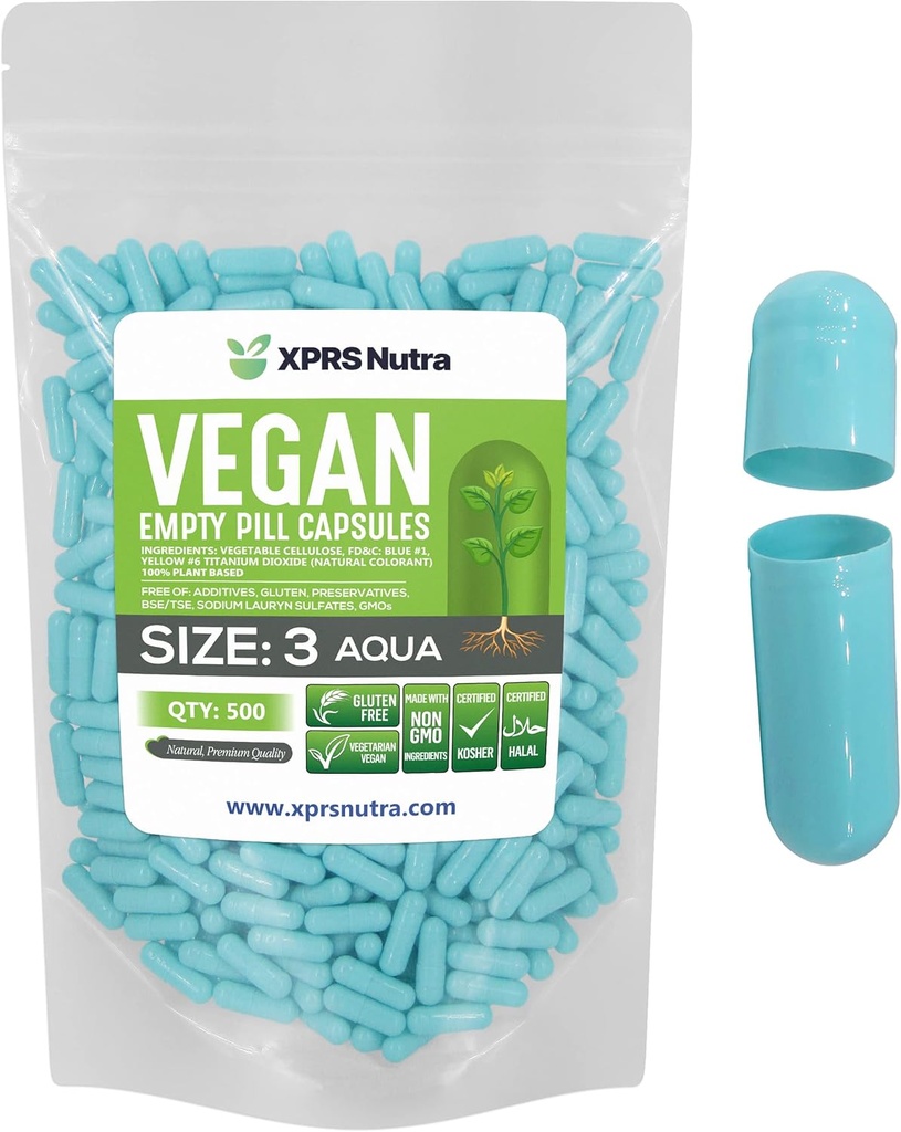 XPRS Nutra Størrelse 3 Tomme kapsler - 500 Grev Tomme Veganske piller - Vegetarisk Pille - DIY vegetabilsk Kapsel Filling- Veggie Pille Caps (Aqua)