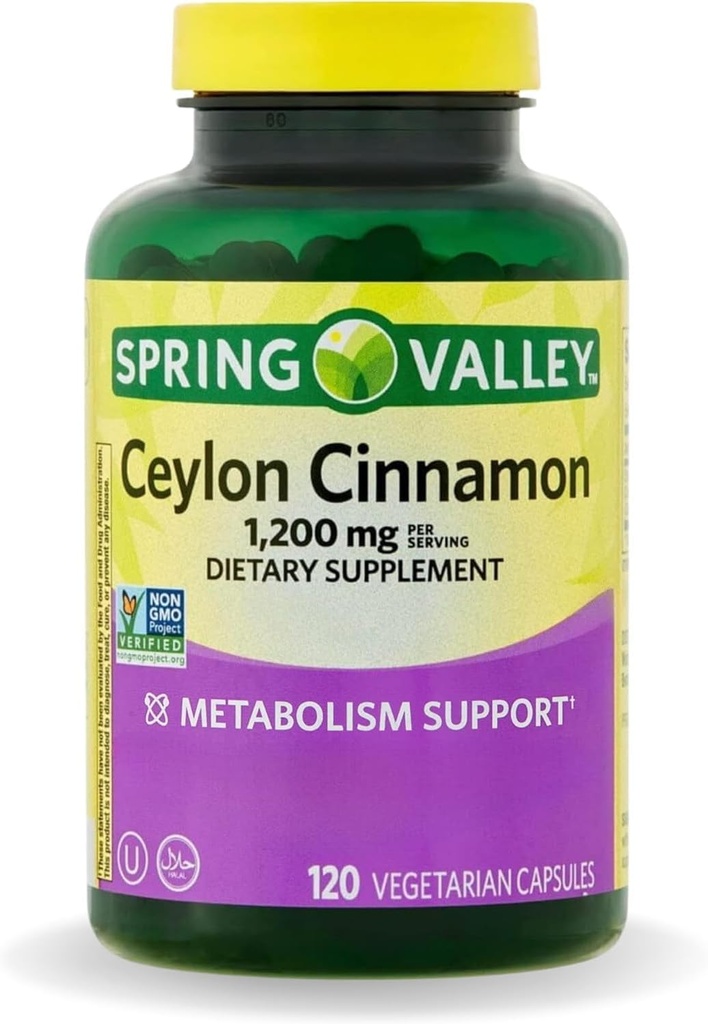 Spring Valley Ceylon Cinnamon Kapsler 1200 mg Kapsler, Support Metabolisme * 120 Tæller 124; Non- GMO & Gluten Free Pills (pakning med 1)