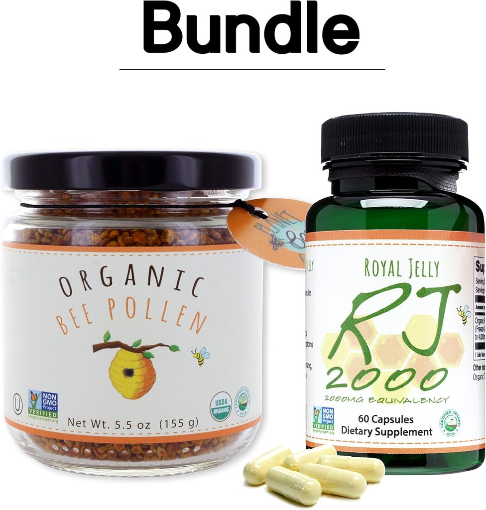 Greenbow Organic Bee Pollen - 100% USDA Certified Organic, Pure, Natural Bee Pollen - Superfood pakket med proteiner, vitaminer og mineraler - 155g Royal Jelly 2000mg 60 caps