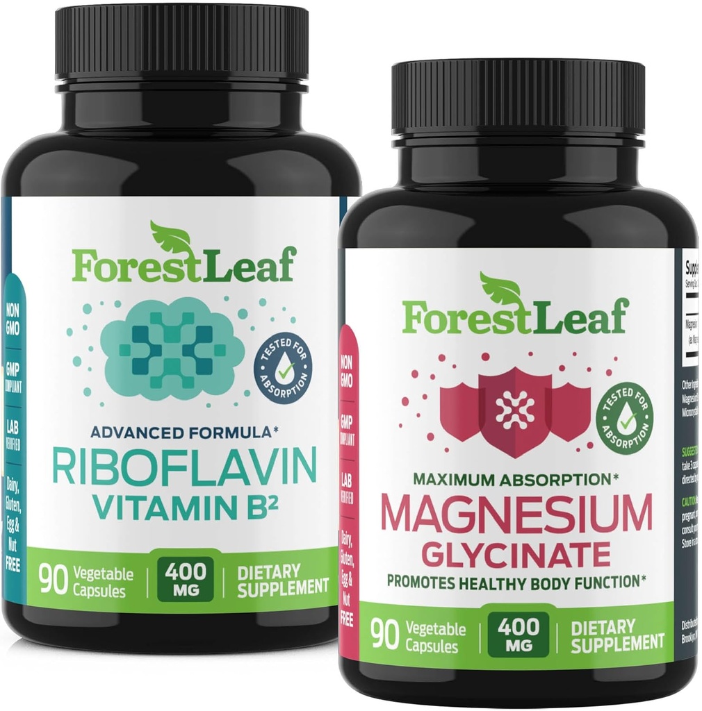 ForestLeaf Riboflavin & Magnesium migraine Supplement - Riboflavin 400mg for hovedpine Relief - Ultimate Magnesium Glycinate Bundle med B2 vitamin 400mg for hovedpine Migræne Relief kapsler