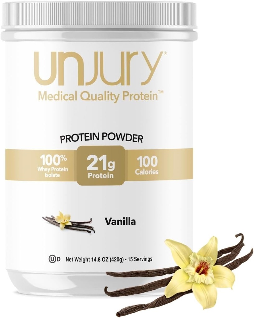 Unjury Whey Protein Powder • 124; Vanilla • 124; 21g • 100% • Whey Isolate Protein • Powder • 124; Lav Carb og laktose • 124; Gluten • Gratis • 124; Certificeret Kosher • 124; 15 Tjenester