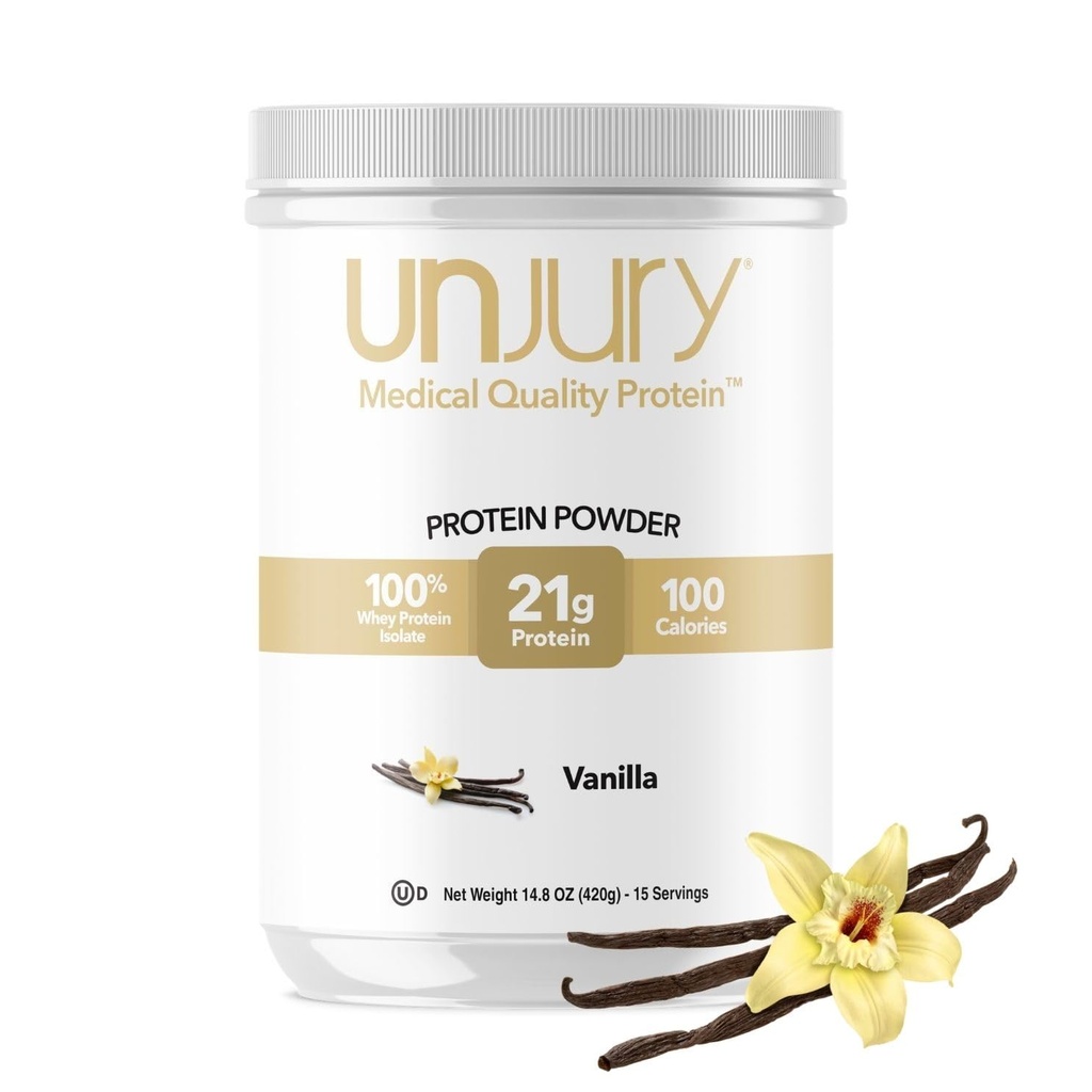 Unjury Whey Protein Powder • 124; Vanilla • 124; 21g • 100% • Whey Isolate Protein • Powder • 124; Lav Carb og laktose • 124; Gluten • Gratis • 124; Certificeret Kosher • 124; 15 Tjenester