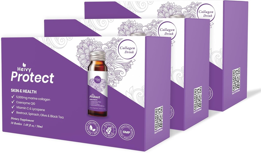 Heivy Liquid Collagen, Collagen Drink, Marine Collagen, Collagen Væske til kvinder for energi Booster, Antioxidanter, Detoxify, 1.69 Fl Oz (pakke med 30), Collagen Drink til beskyttelse