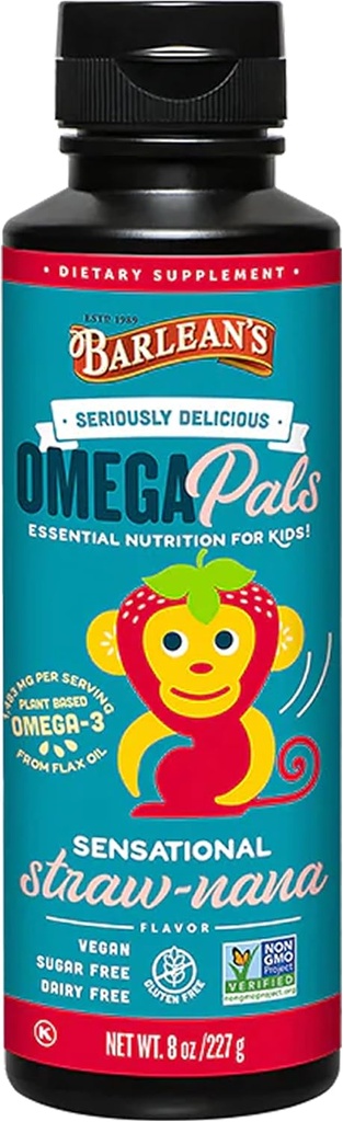 Barlean 's Omega Pals Omega 3 for børn, Yummy Jord- Nana Flavored Children' s Liquid Flax Seed Oil Supplement med 1,483 mg ALA, non-GMO, Vegan Brain og Eye Health, 8 oz