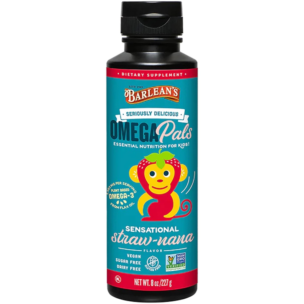 Barlean's Omega Pals Sensational Straw-Nana Flavored Omega-3 for Kids, Yummy Children's Liquid Fish Oil Supplement with 1,483 mg ALA, Non-GMO, Vegan for Brain and Eye Health, 8 oz
