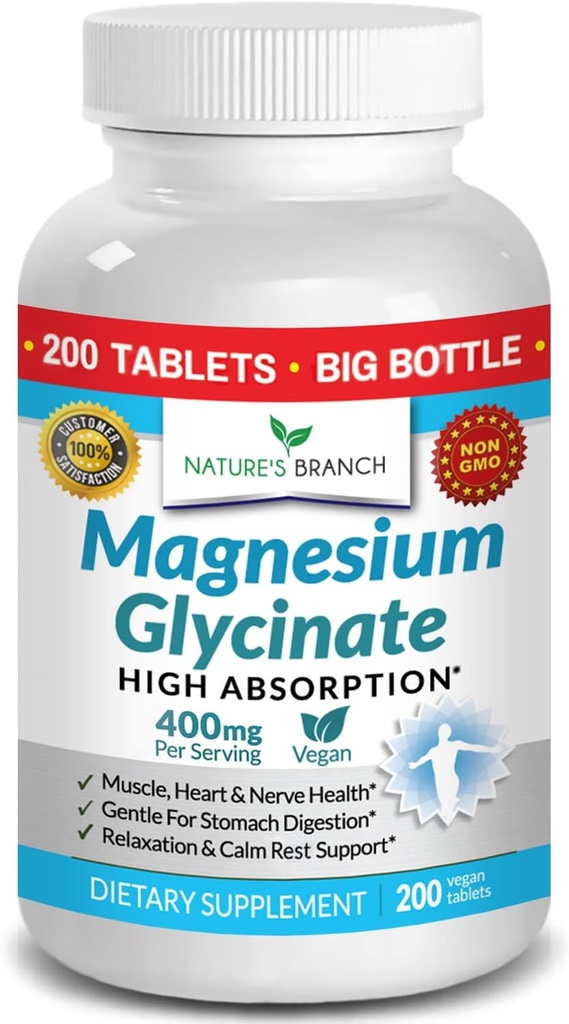Magnesium Glycinat 400 mg - 200 tabletter - Høj Absorption, Ikke bukket Bisglycinat Mag supplement til søvn, ben kramper, hjerte, Ease Muscles, rolig hovedpine for kvinder og mænd, Ikke pulverkapsler