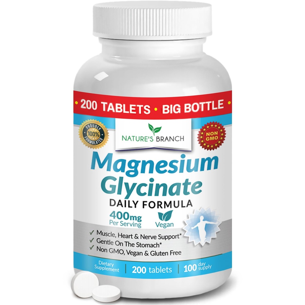 Magnesium Glycinat 400 mg - 200 tabletter - Høj Absorption, Ikke bukket Bisglycinat Mag supplement til søvn, ben kramper, hjerte, Ease Muscles, rolig hovedpine for kvinder og mænd, Ikke pulverkapsler