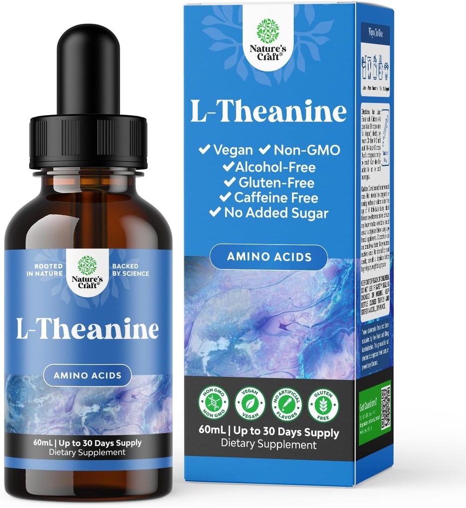 Natures Craft High Absorption L- Theanine Liquid Drops - Nootrop Focus Supplement med L Theanine 200mg Per Serving og Kamille Extract - Supplement for voksne og børn afslapning og fokus - 2oz