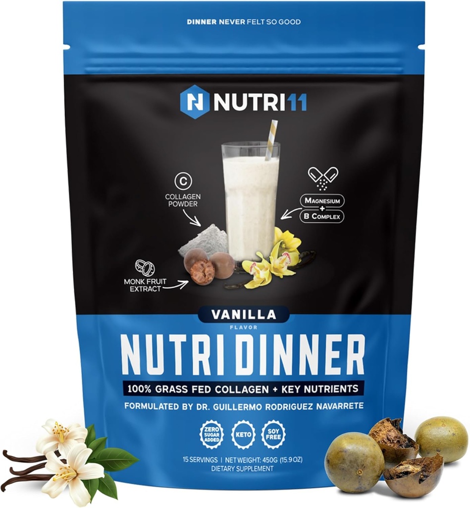 NutriDinner by Nutrillermo | Grass-Fed Collagen Protein Powder | Collagen with Magnesium B-Vitamins | Collagen Supplement for Sleep and Recovery (14,9, Vanilla)
