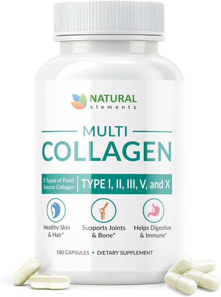Multi Collagen 180 Protein Kapsler - Type I, II, III, V, X Collagen piller - Proprietary Blend of Eggshell, Kylling, Wild Fish & Grass- Fed Beef Collagen Peptider - 2025mg per serv