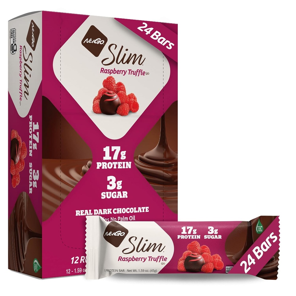 NuGo Slim mørk chokolade hindbær trøffel, 17g Protein, 2g Sukker, 7g Fiber, Low Net Carb, Keto Friendly, Gluten Free, 24 Greve