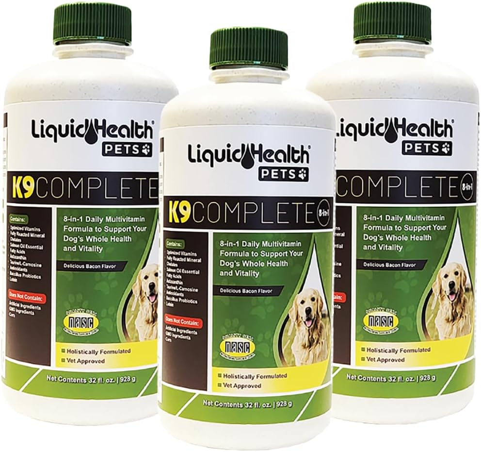 LIQUIDSUNDHED Kæledyr K9 Komplette 8- in-1 Flydende Multivitamin til voksne seniorhunde & hvalpe, Alt i én komplet formel kanine vitaminer til hud & coat, fælles sundhed, immunforsvar - USA Made (3 Pack)