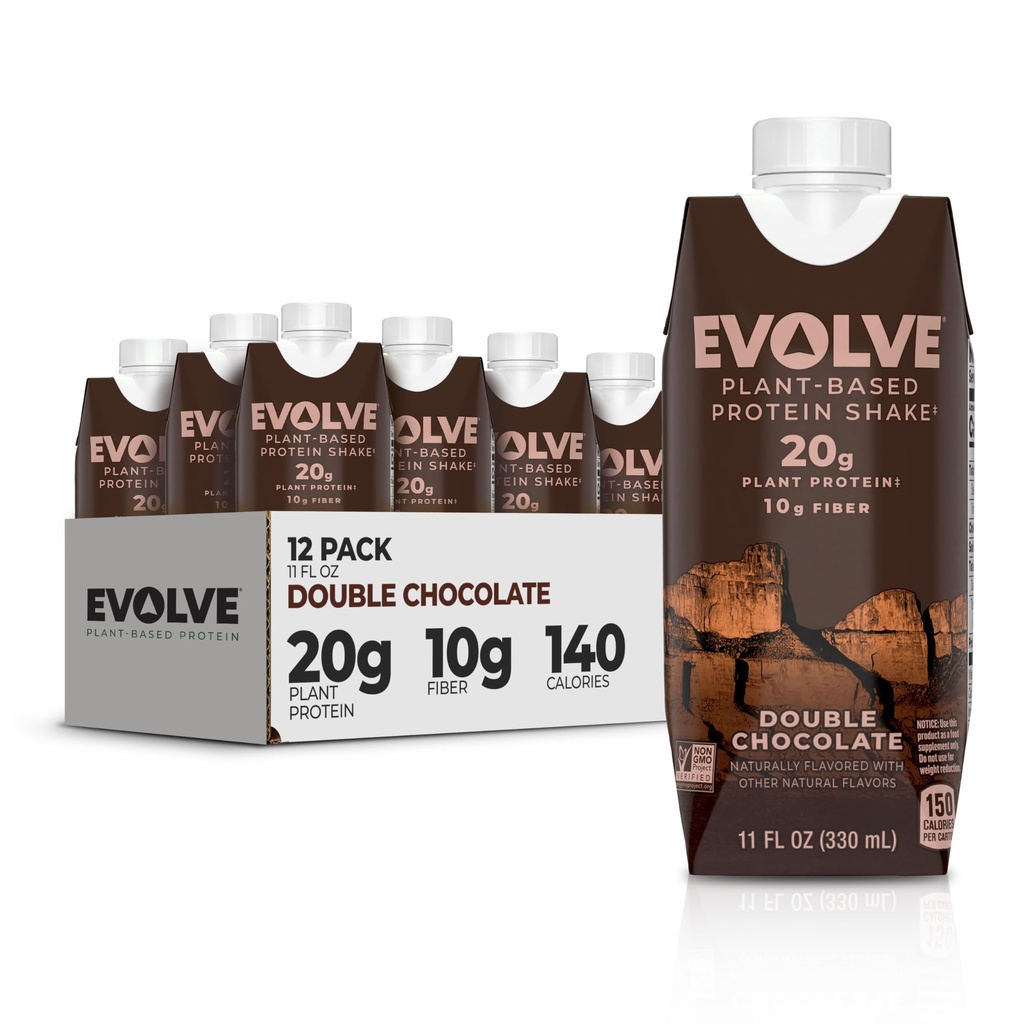 Evolve Plant Based Protein Shake, Double Chocolate, 20g Vegan Protein, Dairy Free, Ingen kunstige sødestoffer, Non- GMO, 10g Fiber, 11 Fl Oz (Pack of 12) - (Formel May Vary)