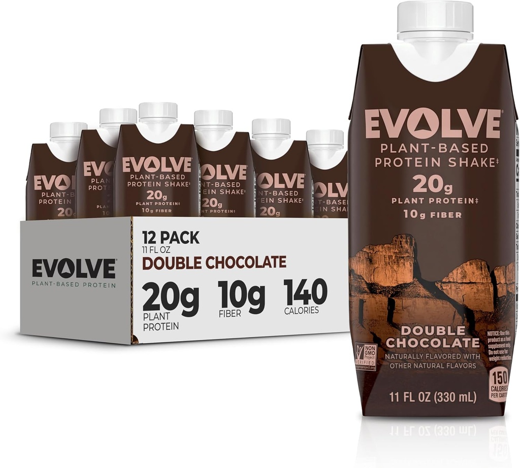 Evolve Plant Based Protein Shake, Double Chocolate, 20g Vegan Protein, Dairy Free, Ingen kunstige sødestoffer, Non- GMO, 10g Fiber, 11 Fl Oz (Pack of 12) - (Formel May Vary)