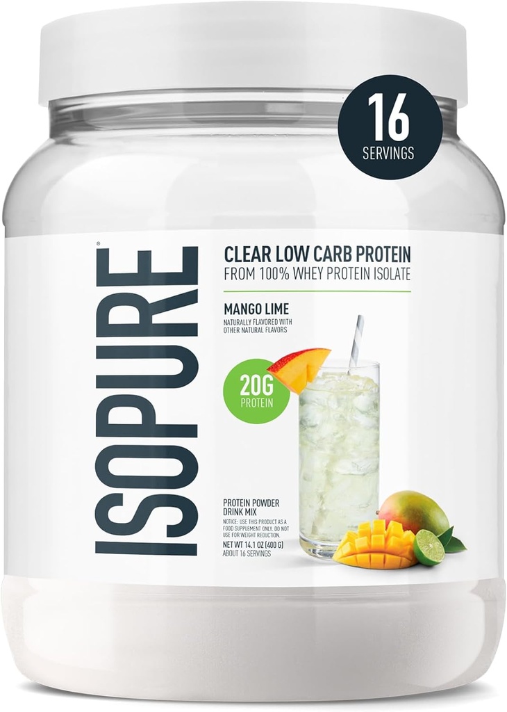 Isopure Clear Whey Isolate Protein Powder, Lactose Free, Gluten Free, Naturlig Flavored, Mango Lime, 20g Protein Per Serving, 14.1 Oz, 16 Servere (Packaging May Vary)