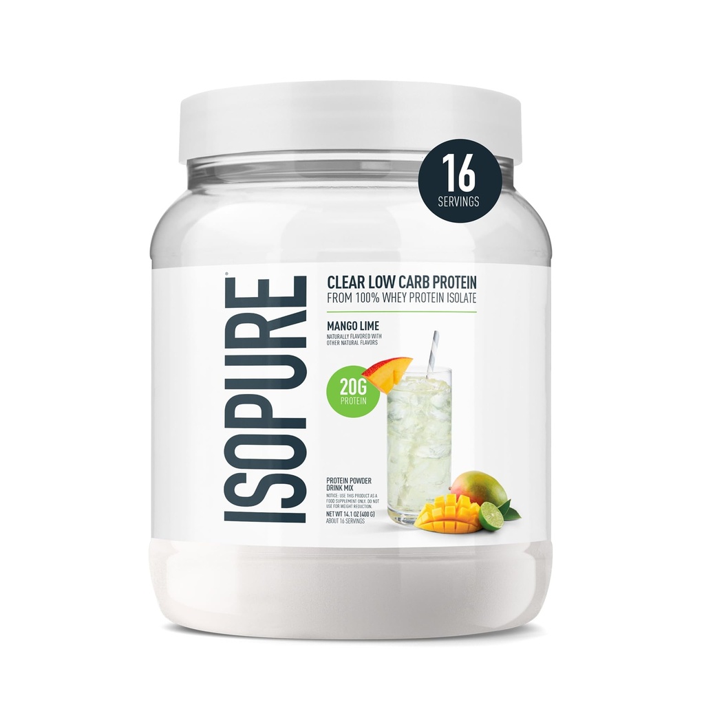 Isopure Clear Whey Isolate Protein Powder, Lactose Free, Gluten Free, Naturlig Flavored, Mango Lime, 20g Protein Per Serving, 14.1 Oz, 16 Servere (Packaging May Vary)