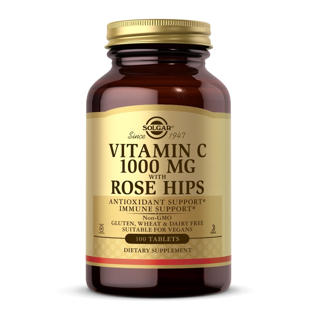 Solgar vitamin C 1000 mg med Rose Hips - 100 tabletter - Antioxidant & immunforsvar - Non- GMO, Vegan, Gluten Free, Dairy Free, Kosher - 100 Servere